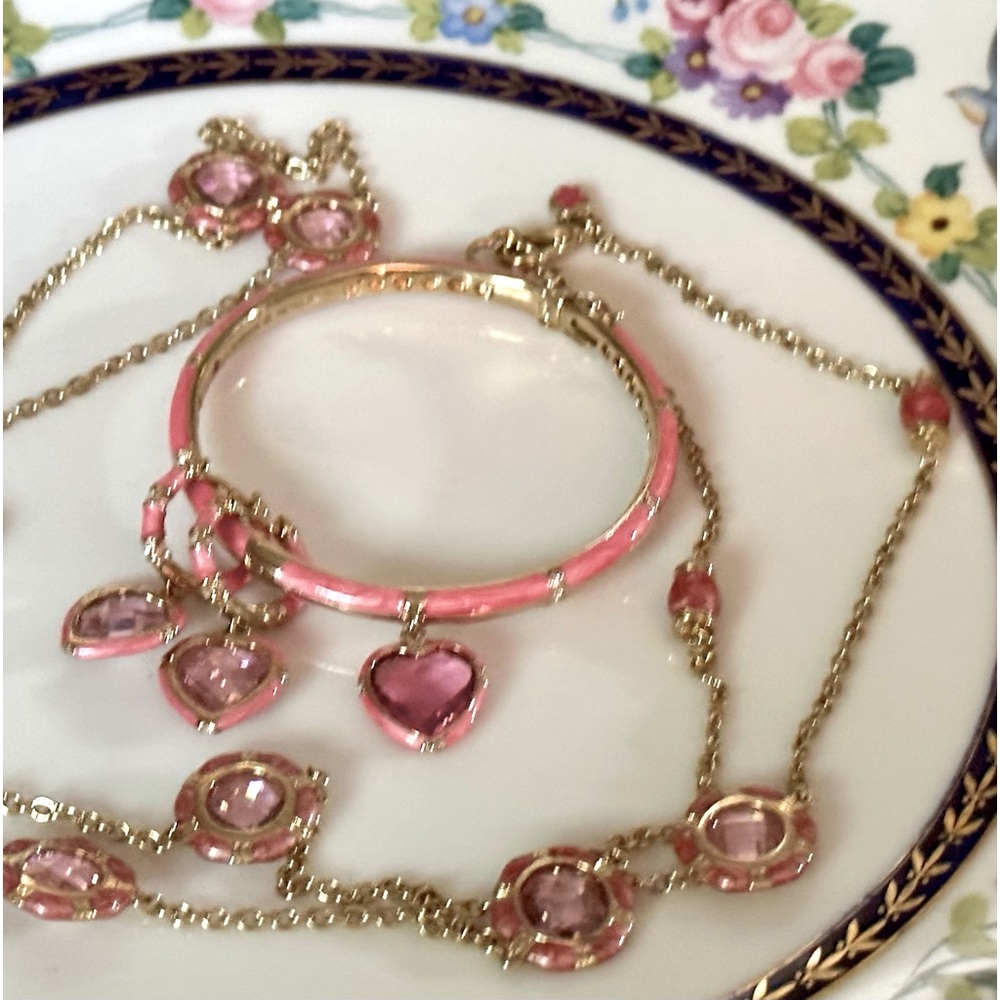 Lauren G Adams Pink Enamel Rhinestone Necklace, Bracelet, Earrings Set